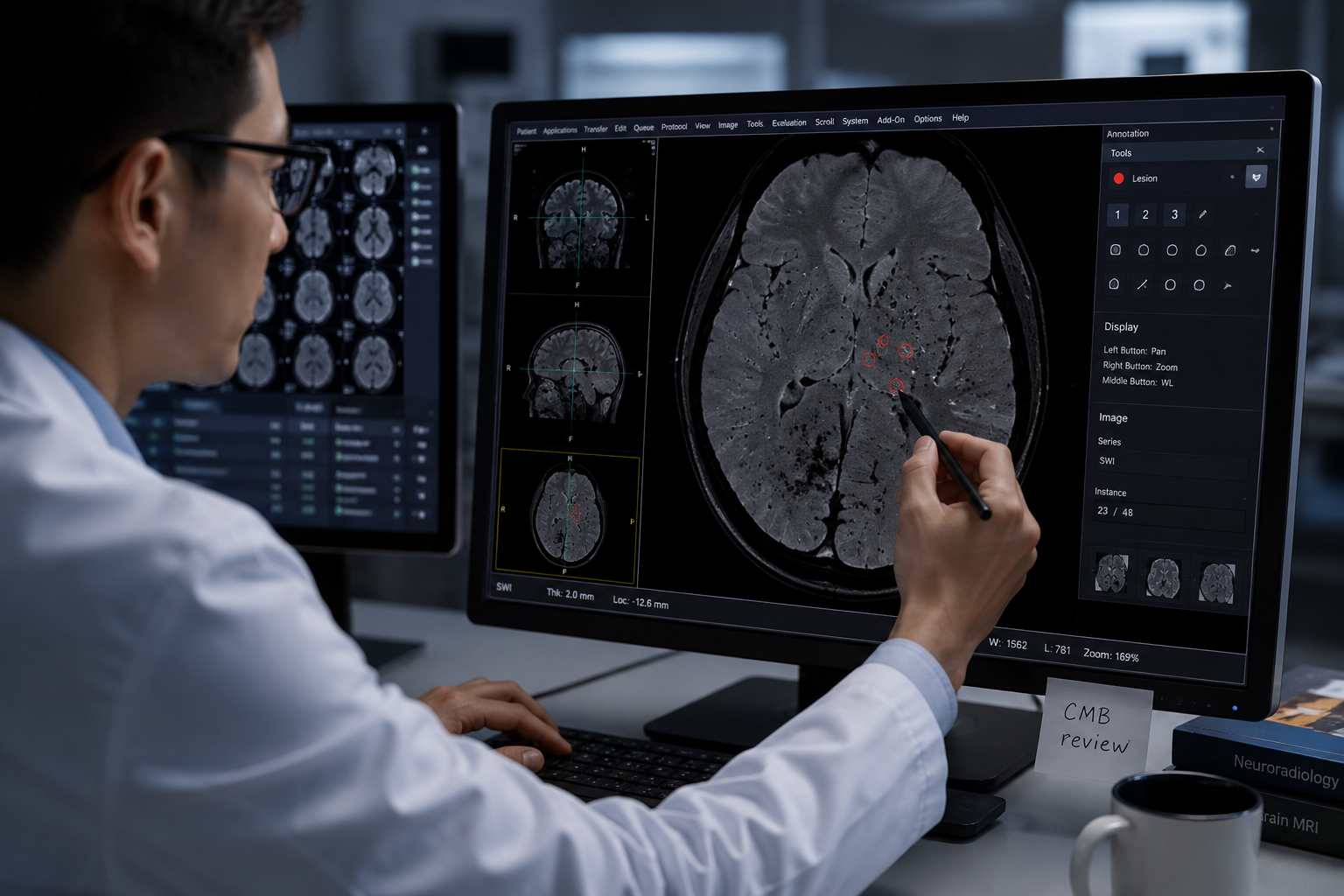 Clinician annotating cerebral microbleeds on brain MRI